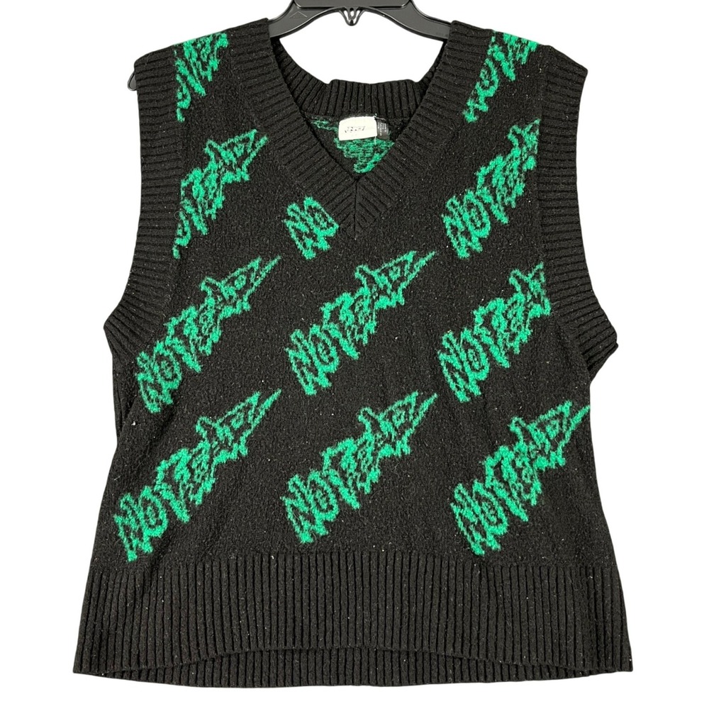 No Fear x H&M Sweater Y2K Vest Black Green Logo Knit‎ V Neck XS Womens